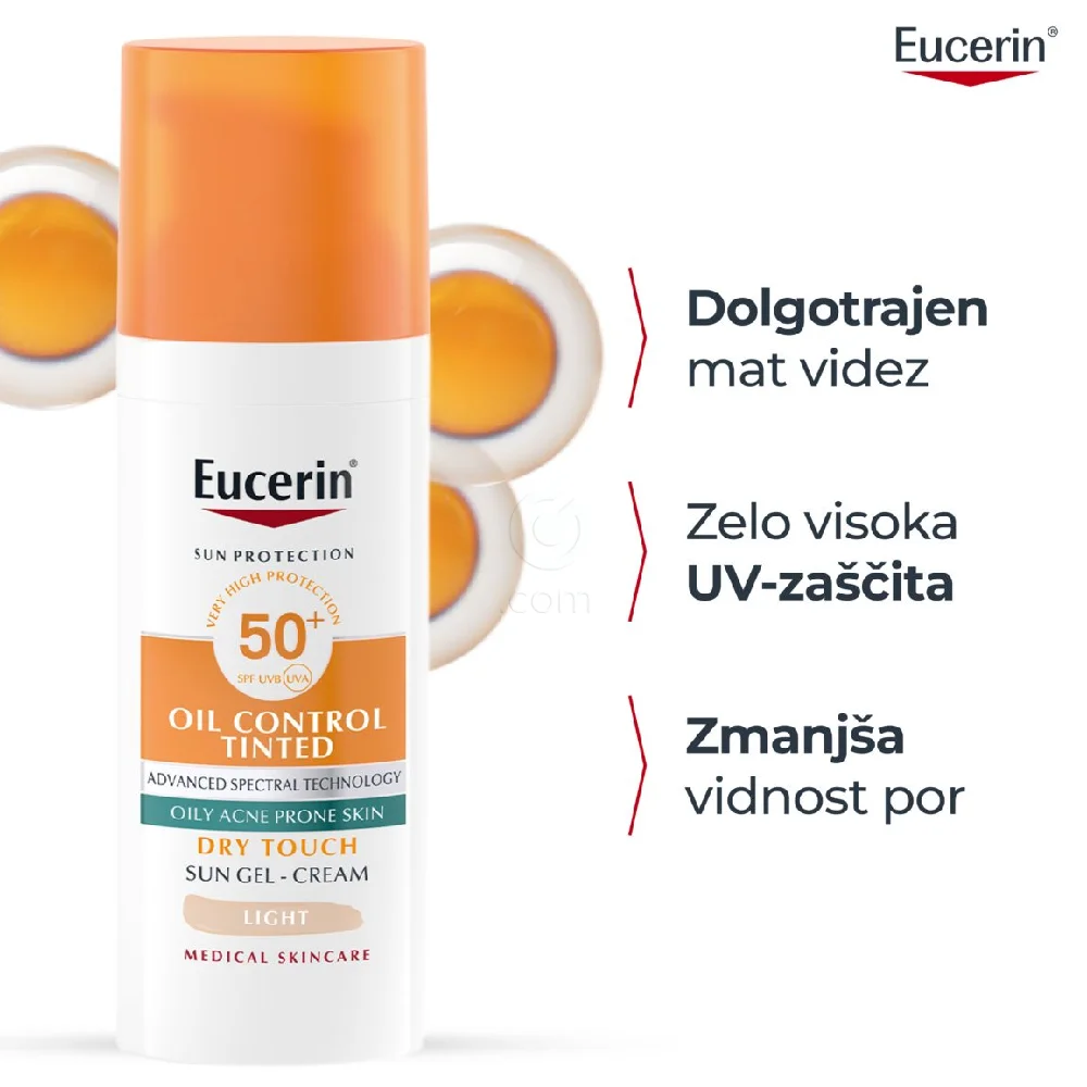  Eucerin Sun Oil Control Dry Touch, obarvan kremni gel za zaščito obraza pred soncem - light - ZF50+ (50 ml)